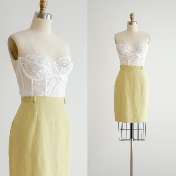 Ann Pinkerton Dresses & Skirts - Ann Pinkerton Mini Skirt Vintage 90s Silk Linen M Green Chartreuse Pockets